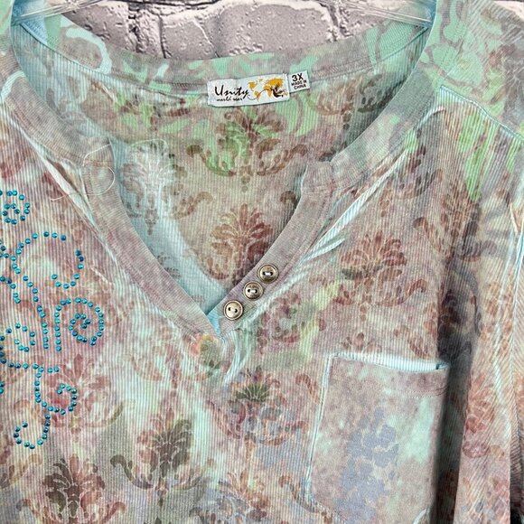Unity World Wear  Womens 3X Floral Print  Henley  With Button Accents & Pocket - Picture 3 of 9